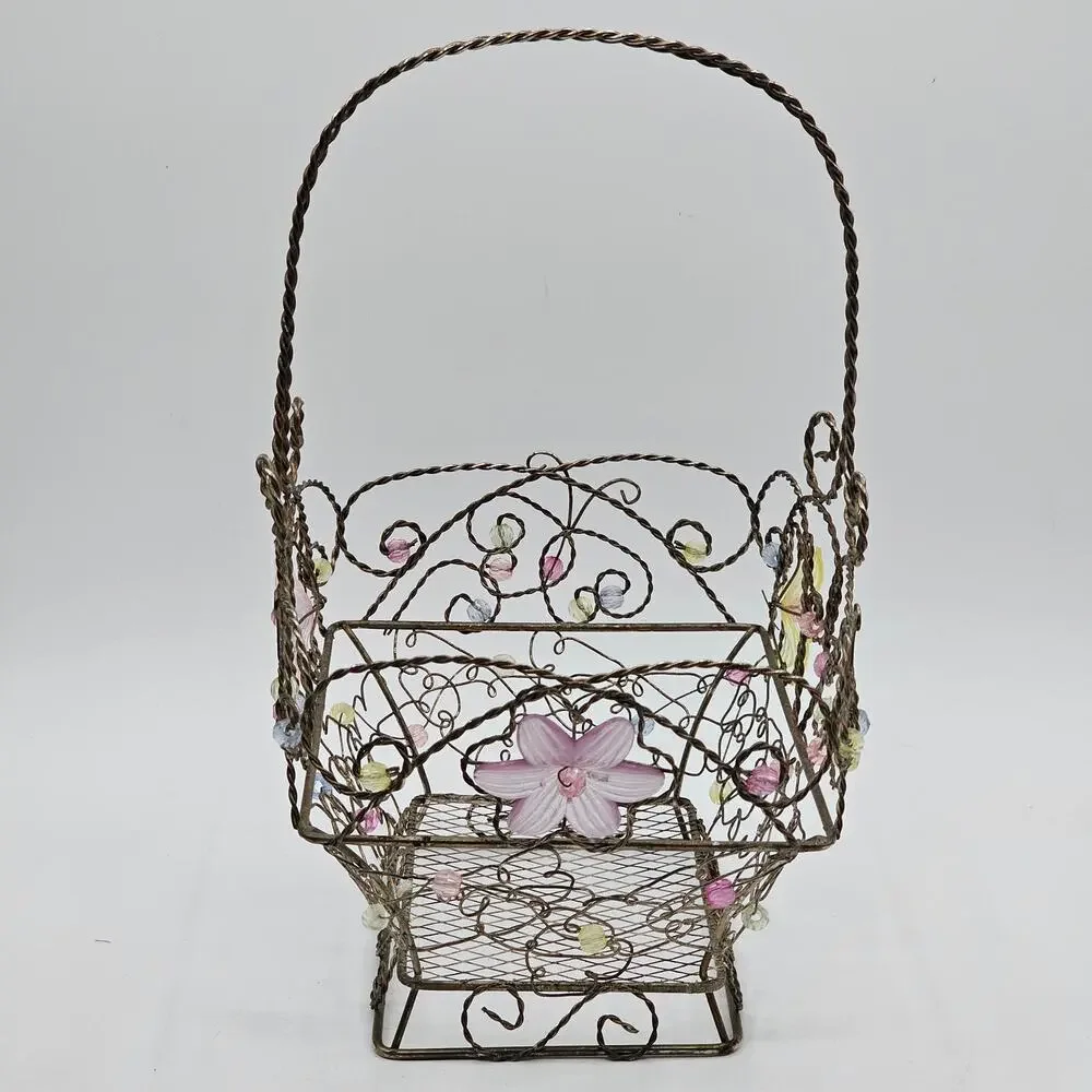 Vintage Beaded Wire Metal Basket Twisted Handle Floral Acrylic Beads Pink Yellow